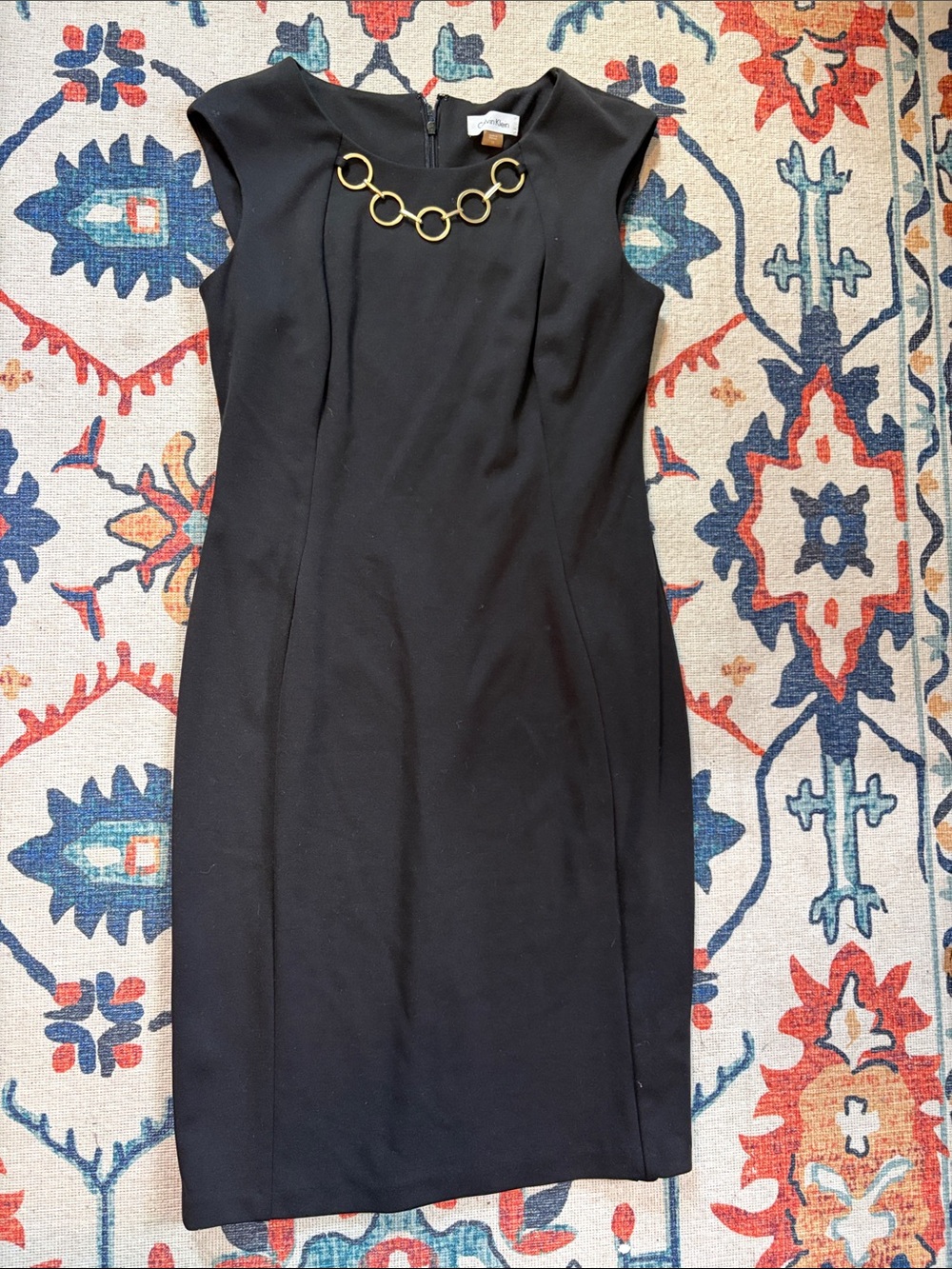 Calvin Klein Black Sheath Dress with Gold Chain Accent